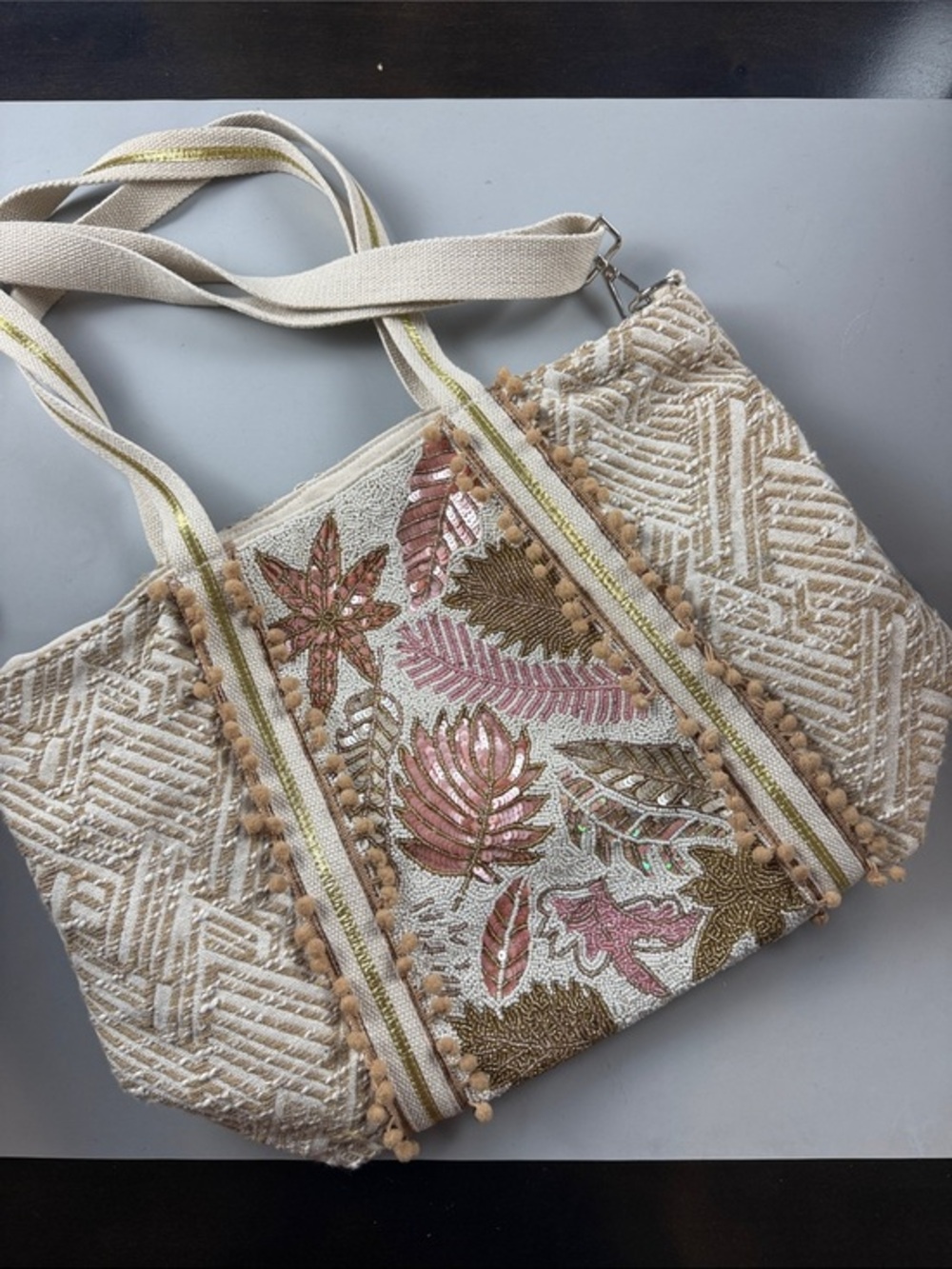 America & Beyond Hand Beaded Floral Sequin Tote Crossbody Bag Boho Feminine